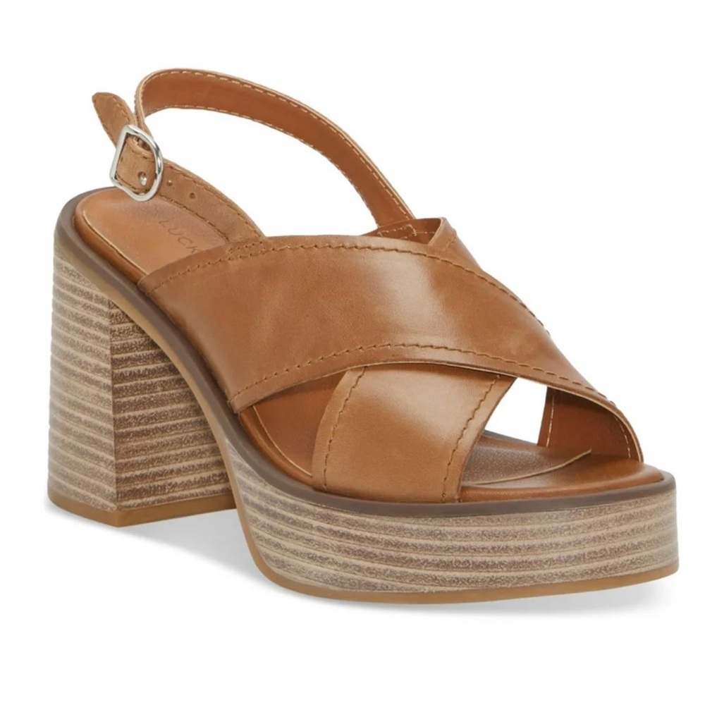 Lucky Brand Tan Brown Crisscross Slingback Platform Sandals Chunky Heels, Size 7